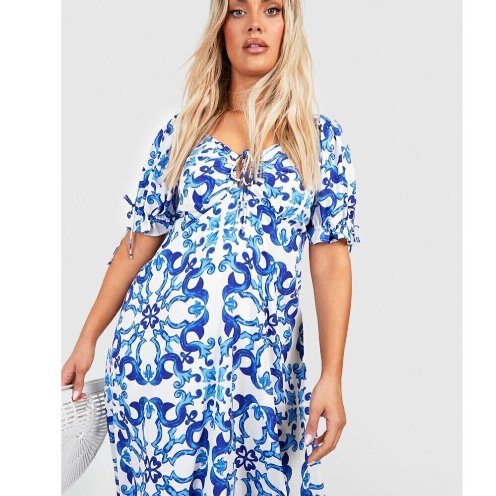 Boohoo Porcelain Print Puff Sleeve Maxi Dress - NWT - Size 16 - Picture 7 of 9